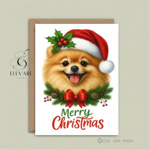 Tarjeta/Póster navideño de un perro Pomerania con gorro de Papá Noel, regalo enmarcable para amantes de los perros, papel brillante de alta calidad, tamaño A5, A4, A3 + paquete de 6 A6.