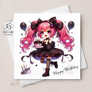 Manga et anime, style fille gothique aux cheveux roses et gâteau | CARTE D'anniversaire personnalisée | Affiche.  Fille, sœur, amie, 6 x 6 8 x 8 po. Deluxe 420 g/m²