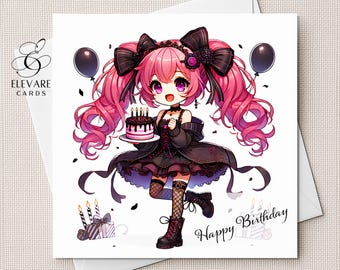 マンガアニメ風ゴスガール、ピンク髪＆ケーキ｜パーソナライズバースデーカード｜ポスター。娘、姉妹、友人、6x6 8x8インチ デラックス 420gsm
