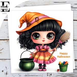 Cartão de Feliz Dia das Bruxas, Pequeno Chibi Caldeirão Abóbora Bruxa Saudação Aniversário Gloss Deluxe 420gsm Personalizável - Tamanhos, Volume 5x5 - 6x6 - 8x8