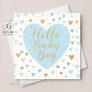 Neues Baby Karte | Poster | Hallo Baby Boy | Herzen Blaue Farben. Personalisiert werden | Kinderzimmer Illustration Luxus Finish Sq. 6x6 8x8"