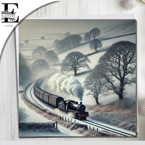 Beau train à vapeur du pays des merveilles d'hiver, campagne anglaise, oeuvre d'art de neige de carte de Noël. Choisissez la personnalisation. Tailles 6x6 8x8,6 5x5 Achat en gros