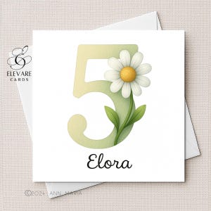 Cinq ans, carte d'anniversaire | Affiche. Motif marguerite numéro 5 et prénom personnalisé pour fille, fille, petite-fille. Carré de haute qualité 6x6-8x8