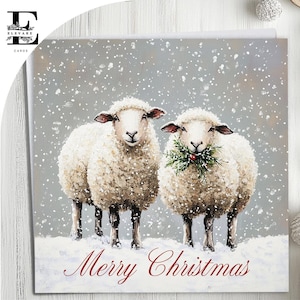 Dos ovejas en la nieve, tarjeta navideña, Feliz Navidad Elija personalizar, tarjeta frontal e interior 6x6 8x8,6 5x5 AHORRE Compra al por mayor