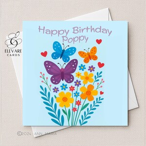 Carte d'anniversaire fleurs papillon pour chambre d'enfant. Personnalisé, bébé, tout-petit, enfants, elle lui. Fille, petite-fille. Carte carrée luxe 6 x 6-8 x 8 po.