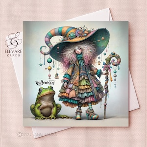 Bastone e rospo di giovane strega funky di Halloween, eccentrico, bizzarro, biglietto d'auguri incorniciabile / stampa poster / 6x6 8 x 8 pollici, lucido di alta qualità deluxe