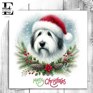 Cão pastor inglês usando um chapéu de Natal. Um cartão de Natal divertido para todos os amantes de cães. Ela ou ele. Escolha personalizar 6x6 8x8,6 5x5 Compra em massa.
