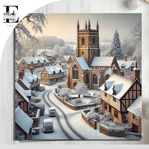 Winter Wonderland English Countryside Village Church Scene, Cartão de Natal Neve Arte Vintage. Escolha personalizar 6x6 8x8,6 5x5 em massa