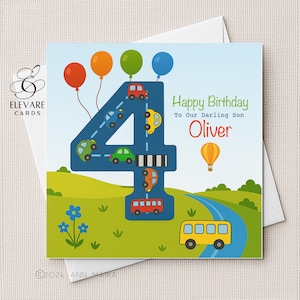 Tarjeta/Póster de cumpleaños de cuatro años. Coche de carretera número 4 y nombre personalizado. Tarjeta para niños, niñas, hijos, hijas y nietos. Calidad: Cuadrado, 15x15-20x20 cm.