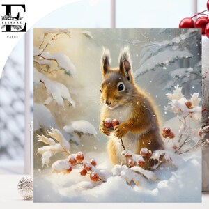 Cartes de Noël, Écureuils, Peinture sur le thème des animaux sauvages, Bois, peinture Écureuil roux, Peinture de style impressionniste, Choix, Carré aux choix à personnaliser