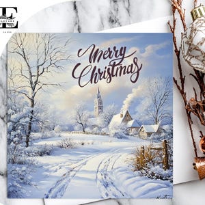 Winter Snow Scene Village Church On Snowy Road. Traditional Snowy Scene Christmas Card. Choose To Customise 6x6 8x8,6 5x5 SAVE Bulk Buy