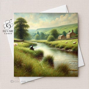 Tarjeta de cumpleaños para papá, pesca, río tranquilo en la campiña inglesa. Día del Padre. Hijo, nieto. Pescador. Tarjeta cuadrada brillante de lujo, personalizada.