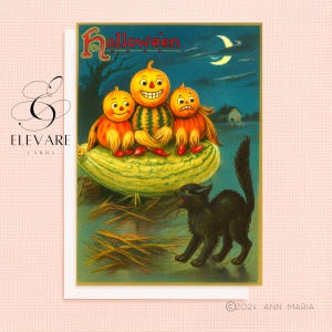 Gato de Halloween vintage com abóboras assustadas | Cartão de felicitações retrô, peculiar e excêntrico | Impressão em pôster | A5 A4 | Brilho de qualidade de luxo
