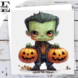 Joyeux Halloween, un petit monstre vert zombie citrouilles carte de voeux d'anniversaire brillant 420 g/m² personnalisable - grandes tailles 5 x 5 - 6 x 6 - 8 x 8