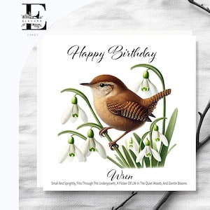 Wren & Snowdrops Gemälde von UK, Woodland Wild Bird Geburtstagsgrußkarte mit Vers. Wählen Sie 6x6 8x8 "Glos Finish Deluxe Top Grade 420gsm
