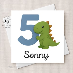 Cinq ans, carte d'anniversaire | Affiche. Motif dinosaure numéro 5 et nom personnalisé pour garçon, fils, petit-fils, frère. Carré de haute qualité 6x6-8x8