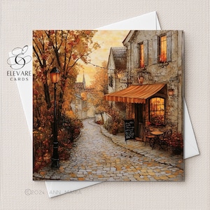 Café em uma rua na França, Paris, Cartão de Arte Impressionista de Outono | Impressão de pôster | Papel-cartão de alta qualidade | Opções personalizadas. 5x5 6x6 8x8"