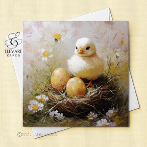 Biglietto di auguri pasquale con pulcino primaverile / Biglietto di auguri personalizzato con pulcino e uova di Pasqua / Poster / Carta di alta qualità deluxe con finitura lucida, 420 g/m²