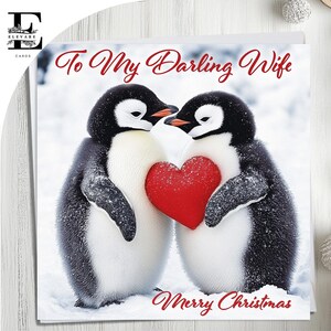 Pinguini carini innamorati, cuore rosso. Biglietto di Natale per mamma, papà, moglie e marito. Scegli Personalizza, biglietto anteriore e interno 6x6 8x8,6 5x5 RISPARMIA Acquisto all'ingrosso