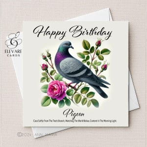 Feral Pigeon On Roses Royaume-Uni Urbain & Woodland | Carte de voeux colorée d'oiseau d'aquarelle | Affiche imprimée | Verset | 6 x 6 8 x 8 brillant de qualité de luxe