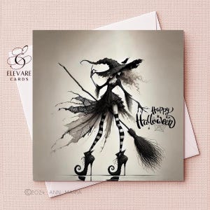 Halloween Karte, wunderlich, Längliche dünne Hexe | Schrullig, Funky einrahmbare Grußkarte | Posterdruck | 6x6 8x8 "Deluxe High Quality Gloss