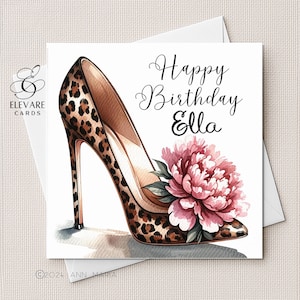 Gepersonaliseerde verjaardagskaart met hoge hak en bloem | Inlijstbaar | Prachtig, elegant, Glamour Gloss Deluxe 420 gsm maten: 6 x 6-8 x 8 inch