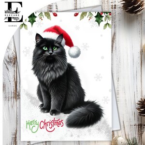Black Cat Langharig, Met Een Kerstmuts. Kerstkaart, vrolijk kerstfeest.  Voor kattenliefhebbers van alle leeftijden. Kies om aan te passen, A5, 6 x A6