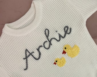 Personalised jumper • custom made embroidery • gender neutral • knitted jumper • knit sweater • baby toddler child • hand embroidered