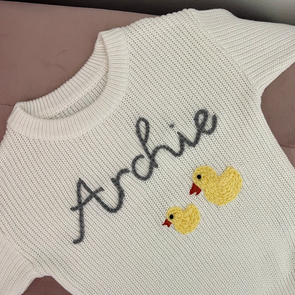 Personalised jumper • custom made embroidery • gender neutral • knitted jumper • knit sweater • baby toddler child • hand embroidered