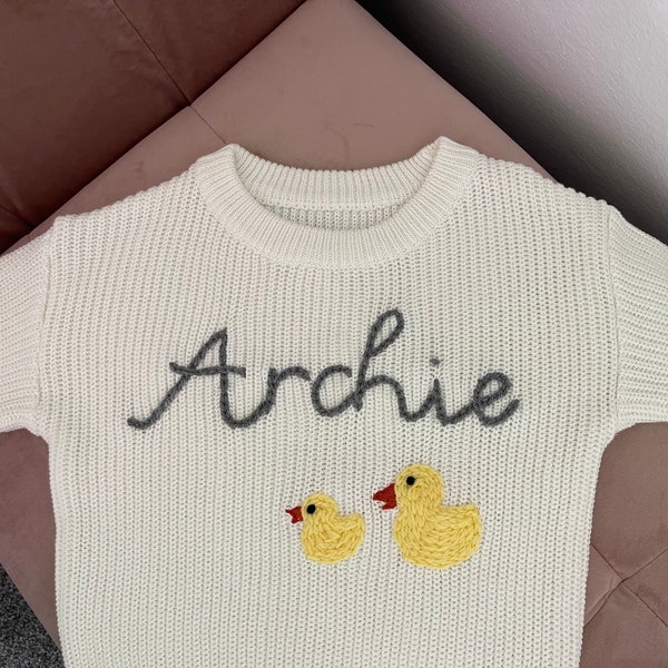 Personalised jumper • custom made embroidery • gender neutral • knitted jumper • knit sweater • baby toddler child • hand embroidered