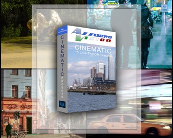 Può includere: Una scatola di 15 preset di Lightroom chiamati "Cinematic" di Azzurro Vision. La scatola presenta una città con un fiume e un ponte. Il testo "Cinematic" è in rosso e il testo "15 preset di Lightroom" è in bianco.