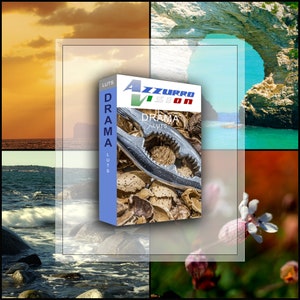 May include: A blue box with the text "AZZURRO VISION" and "DRAMA LUTS" on it. The box is surrounded by four images of different landscapes, including a sunset over the ocean, a rocky archway over a turquoise sea, a rocky beach with waves crashing, and a close-up of a pink flower.