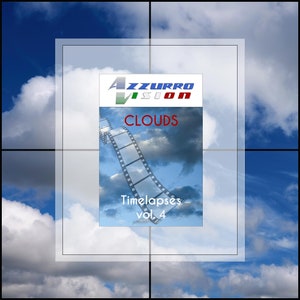 May include: A blue and white logo for Azzurro Vision with the word "CLOUDS" in red text. Below the logo is a film strip with the words "Timelapses vol. 4" in white text on a blue sky background.