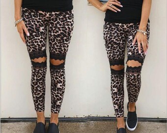 Leoparden-Leggings aus hohler Spitze