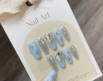 Press On Nails Handmade Nail Tips Blue Aura
