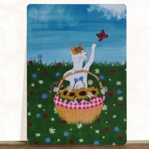 Summer flowers cat greeting card - postcard with handmade cheerful cat illustration