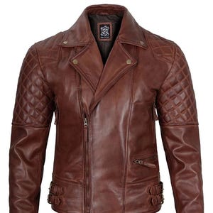 Men&#39;s Brown Leather Biker Jacket: Quilted Shoulder, Slim Fit Motorcycle Coat