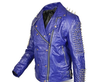 Men's Blue Cowhide Leather Studded Biker Jacket: Punk Spiked Design