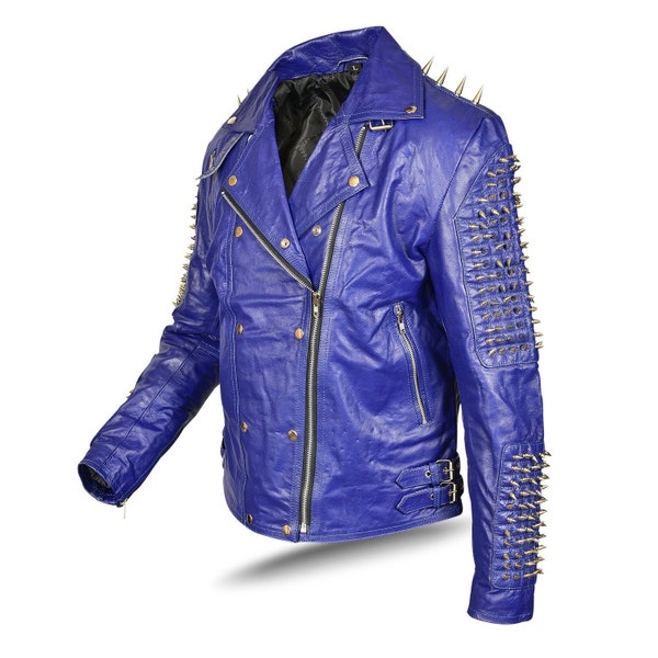 Handmade Men Full Punk Blue Metal Spiked Studded Real Cowhide Leather Biker Jacket with pockets, men's wear