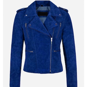 Handmade Blue Suede Biker Jacket: Women&#39;s Moto Leather Jacket