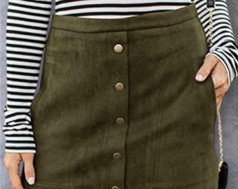 Olive Green Suede Mini Skirt: High Waist A-Line Western Style