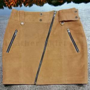 90s Suede Mini Skirt: Tan Brown Genuine Leather, Silver Zipper