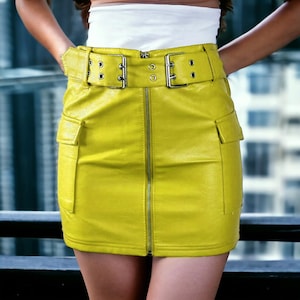 Yellow Lambskin Leather Mini Skirt: Party Cocktail Wear