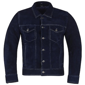 May include: A dark blue denim jacket with a button-up front and two chest pockets.
