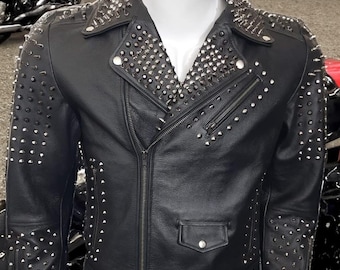 Men Full Silver Studded Spiked Genuine Punk Leather Belted Jacket