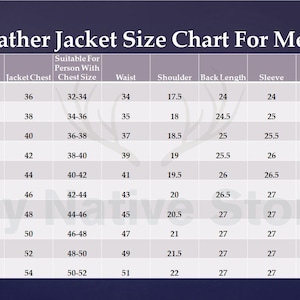 May include: A leather jacket size chart for men, with measurements in inches. The chart includes sizes from XXS to 5XL, detailing jacket chest, chest size, waist, shoulder, back length, sleeve, and cuff measurements.
