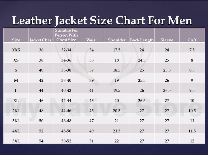 May include: A leather jacket size chart for men, with measurements in inches. The chart includes sizes from XXS to 5XL, detailing jacket chest, chest size, waist, shoulder, back length, sleeve, and cuff measurements.