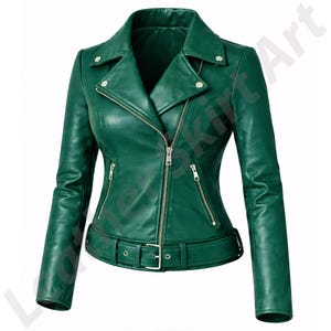 Blouson motard en cuir vert femme, manteau moto zippé ceinturé coupe slim
