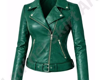 Green Leather Biker Jacket Women, Moto Zip Up Belted Motorcycle Coat Slim Fit