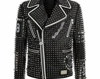 Handmade Studded Cowhide Leather Biker Jacket: Embroidered Patches